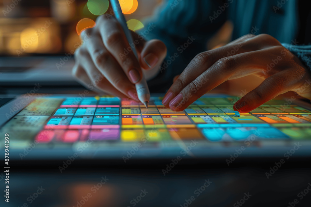 Business Woman Planning Event Schedule on Tablet with Calendar in Office Business Woman Planning Event Schedule on Tablet with Calendar in Office