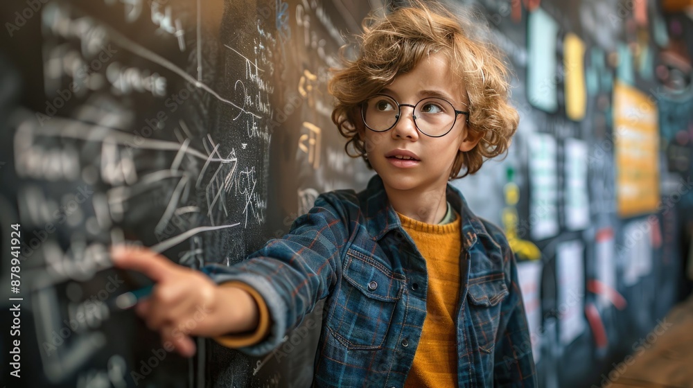 Curious Young Boy with Glasses Learning Mathematics in Front of a Blackboard with Scientific Formulas Curious Young Boy with Glasses Learning Mathematics in Front of a Blackboard with Scientific Formulas