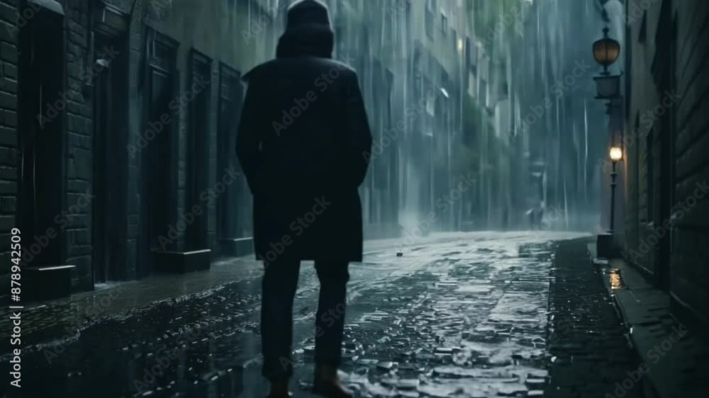 Heavy rain pours in a dark village with little light, shadows of old houses loom, cobblestone streets glisten, dim lanterns flicker, puddles ripple, a lone figure with an umbrella walks, and the sound