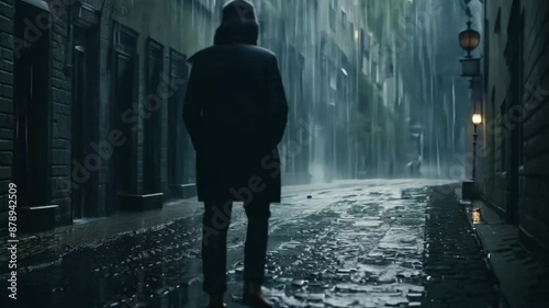 Heavy rain pours in a dark village with little light, shadows of old houses loom, cobblestone streets glisten, dim lanterns flicker, puddles ripple, a lone figure with an umbrella walks, and the sound