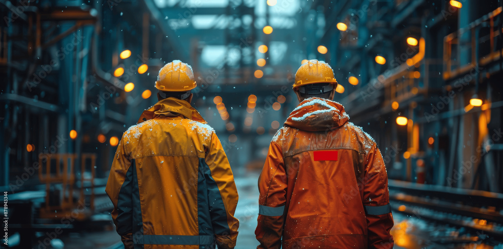 Industrial workers in hardhats and uniforms working in a steel factory Industrial workers in hardhats and uniforms working in a steel factory