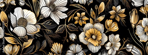 Intricate black, gold, and white floral pattern with artistic details photo