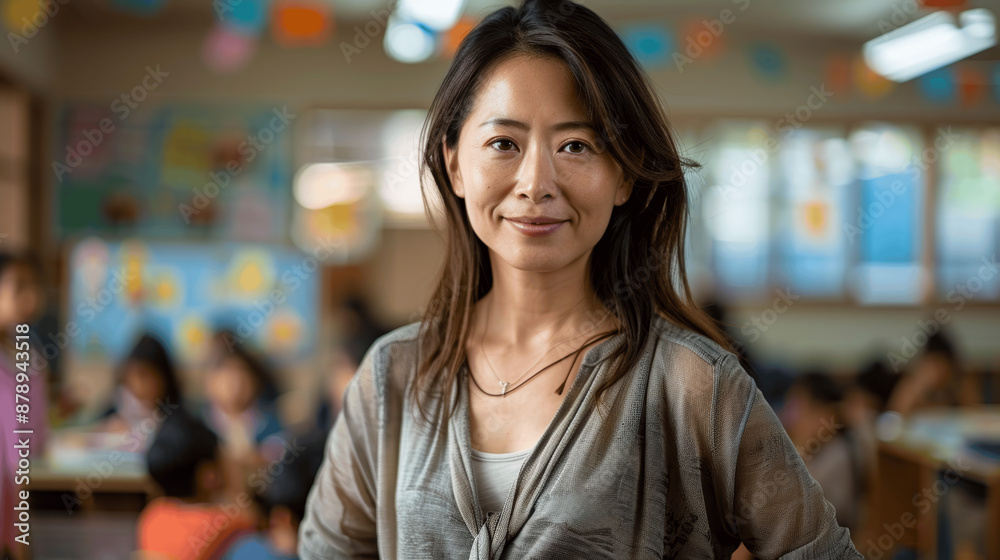 Asian Female Teacher Smiling in Vibrant Classroom with Kids Playing and Learning Asian Female Teacher Smiling in Vibrant Classroom with Kids Playing and Learning