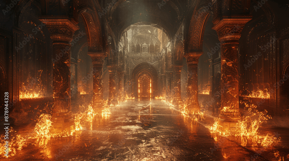 Ancient Castle Interior with Arched Doorways Columns and Flames Ancient Castle Interior with Arched Doorways Columns and Flames