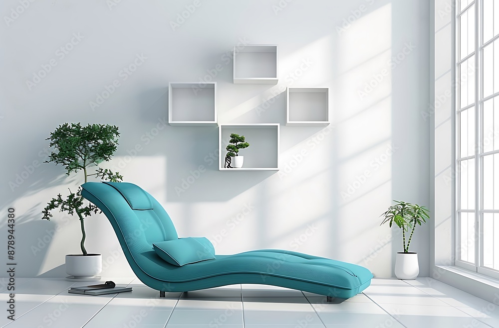 custom made wallpaper toronto digitalModern turquoise chaise longue in a white interior with square shelves on the wall, in the style of minimalism
