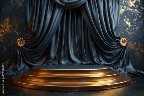 Golden Silk Podium Display on Abstract Black Background - Premium Luxury Stage Design with Generative AI Fabric