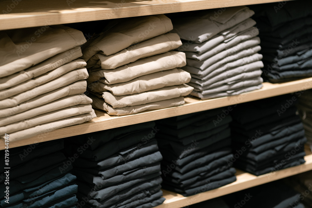 Obraz premium Stack of cotton colorful clothes on table in cloth store.