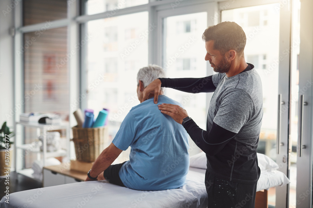 Physiotherapy, shoulder pain and person with senior man for medical care, consulting and wellness. Chiropractor, healthcare and physical therapist and client for rehabilitation, massage or assessment Physiotherapy, shoulder pain and person with senior man for medical care, consulting and wellness. Chiropractor, healthcare and physical therapist and client for rehabilitation, massage or assessment