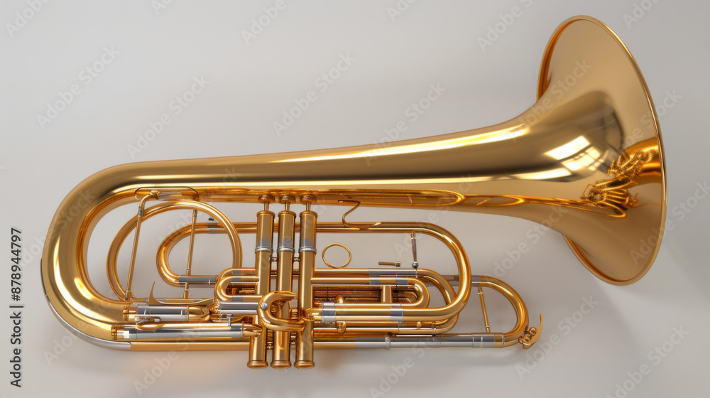 Obraz premium Close-up of a shiny golden brass instrument, highlighting intricate valves and tubing, on a white background.