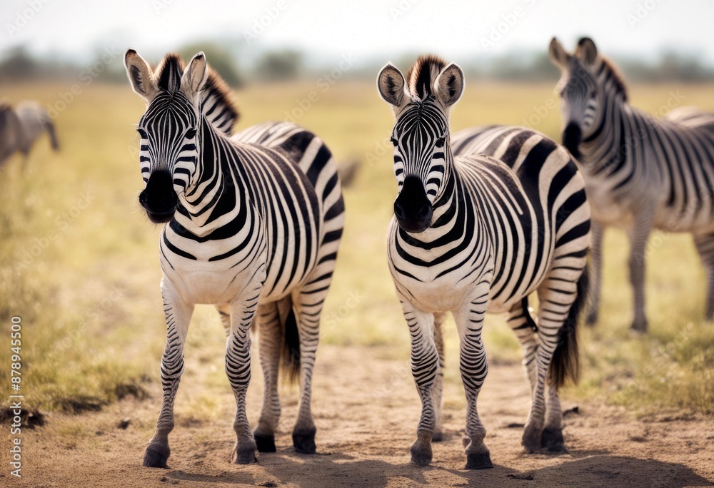 Fototapeta premium wildlife hippotigris olated zebra safari white long group background ng baby wild sitting family zoo collection animals panorama banner ai standing animal africa generative zebras