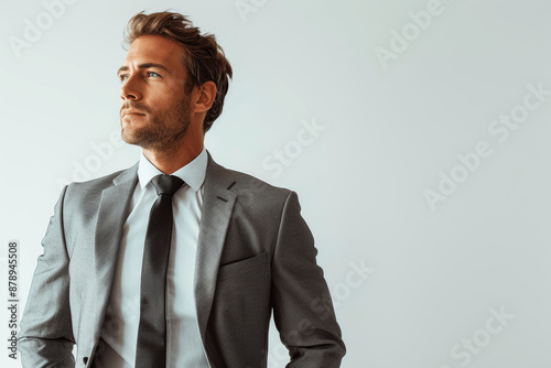 handsome businessman in suit full body portrait standing with hands behind back studio shot on white background