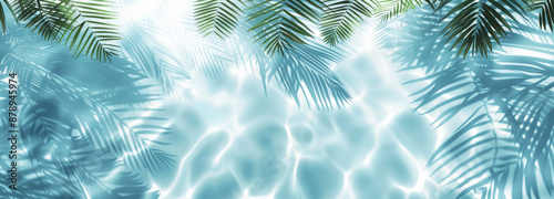 Abstract Tropical Palm Leaf Shadows on Water Surface with Light Blue and White Colors - Summer Beach Vacation Concept Banner