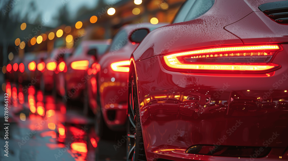 Cars Parked in Outdoor Lot at Sunset. Used Vehicles for Sale or Rent. Car Dealership and Rental Service. Automotive Industry Concept. Cars Parked in Outdoor Lot at Sunset. Used Vehicles for Sale or Rent. Car Dealership and Rental Service. Automotive Industry Concept.