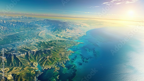 Physical map of Planet Earth, centered on the Mediterranean Sea. Satellite view of Southern Europe and North Africa with the sun shining on the horizon. 3D illustration.