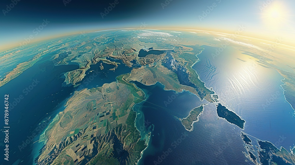 Physical map of Planet Earth, centered on the Mediterranean Sea. Satellite view of Southern Europe and North Africa with the sun shining on the horizon. 3D illustration. Physical map of Planet Earth, centered on the Mediterranean Sea. Satellite view of Southern Europe and North Africa with the sun shining on the horizon. 3D illustration.