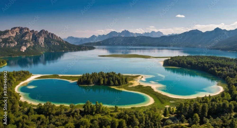 Fototapeta premium A lake in the shape of the world's continents in the middle of untouched nature. A metaphor for ecological travel, conservation, climate change, global warming and the fragility
