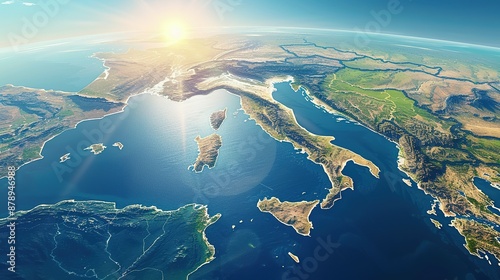 Physical map of Planet Earth, centered on the Mediterranean Sea. Satellite view of Southern Europe and North Africa with the sun shining on the horizon. 3D illustration.