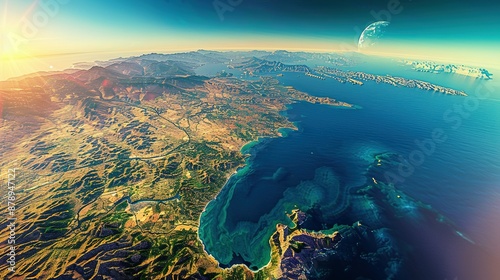 Physical map of Planet Earth, centered on the Mediterranean Sea. Satellite view of Southern Europe and North Africa with the sun shining on the horizon. 3D illustration.