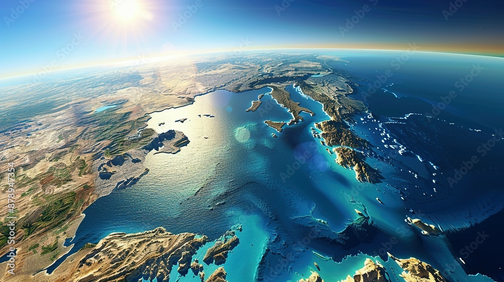 Physical map of Planet Earth, centered on the Mediterranean Sea. Satellite view of Southern Europe and North Africa with the sun shining on the horizon. 3D illustration. Physical map of Planet Earth, centered on the Mediterranean Sea. Satellite view of Southern Europe and North Africa with the sun shining on the horizon. 3D illustration.