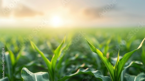 A serene rural landscape under a clear blue sky, showcasing a vibrant green meadow dotted with crops and surrounded by lush fields and distant horizons photo