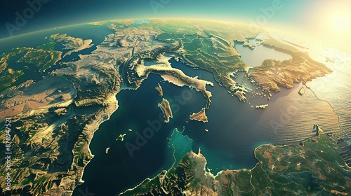 Physical map of Planet Earth, centered on the Mediterranean Sea. Satellite view of Southern Europe and North Africa with the sun shining on the horizon. 3D illustration.