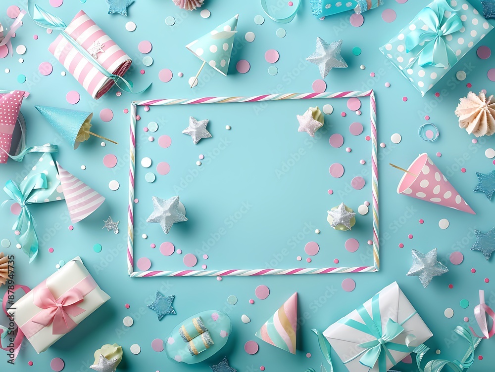 Party accessories on a blue background, top view with plenty of room for text. Party accessories on a blue background, top view with plenty of room for text.
