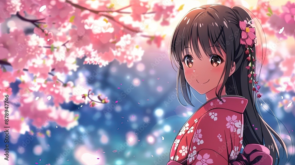 Smiling Anime Girl in a Cherry Blossom Garden Smiling Anime Girl in a Cherry Blossom Garden