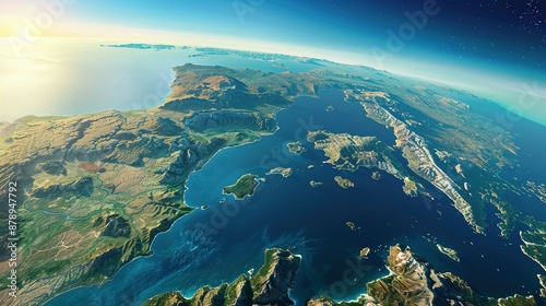 Physical map of Planet Earth, centered on the Mediterranean Sea. Satellite view of Southern Europe and North Africa with the sun shining on the horizon. 3D illustration.