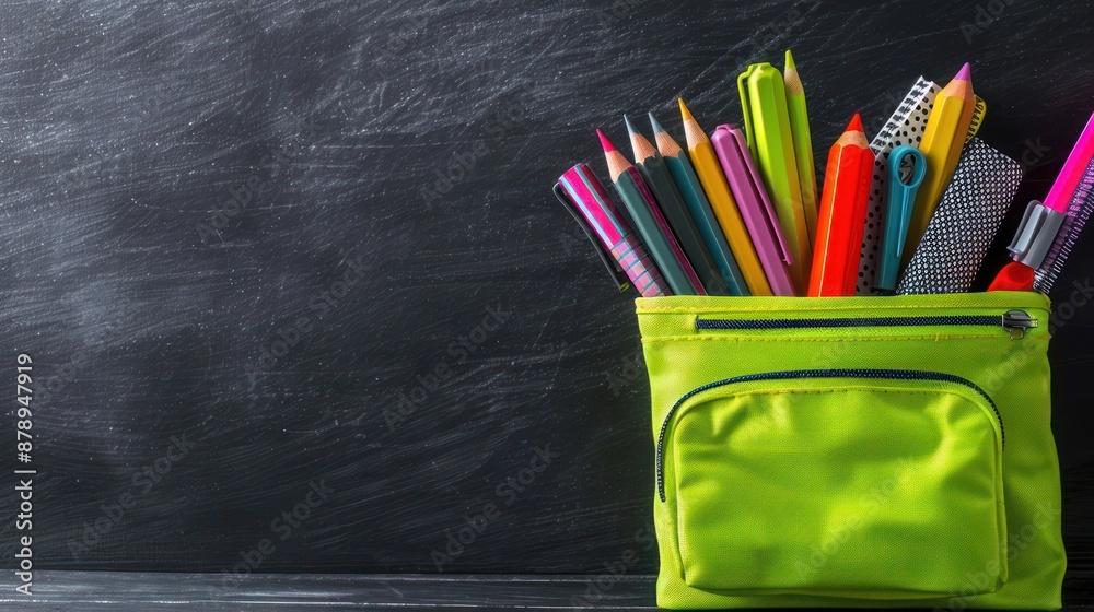 Close-up of a neon green pencil case, overflowing with bright stationery, set against a slate blackboard background with lower corner left empty for copy Close-up of a neon green pencil case, overflowing with bright stationery, set against a slate blackboard background with lower corner left empty for copy