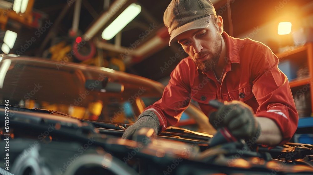 Car mechanic working under the hood of a car in a well-equipped garage Car mechanic working under the hood of a car in a well-equipped garage