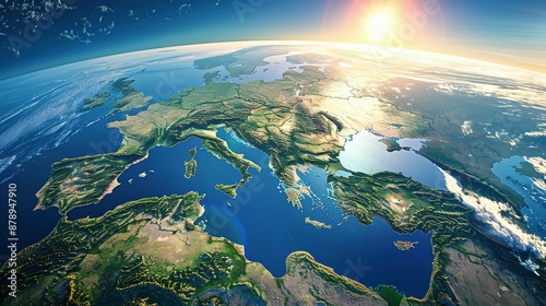 Physical map of Planet Earth, centered on the Mediterranean Sea. Satellite view of Southern Europe and North Africa with the sun shining on the horizon. 3D illustration.