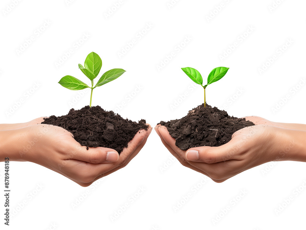Two hands holding growing tree. Environment Earth Day or forest conservation concept. Isolated, on transparent background. Two hands holding growing tree. Environment Earth Day or forest conservation concept. Isolated, on transparent background.