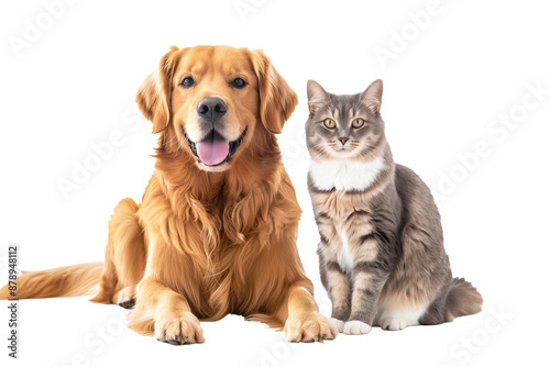 Golden Retriever dog and cat sitting together. On transparent background.