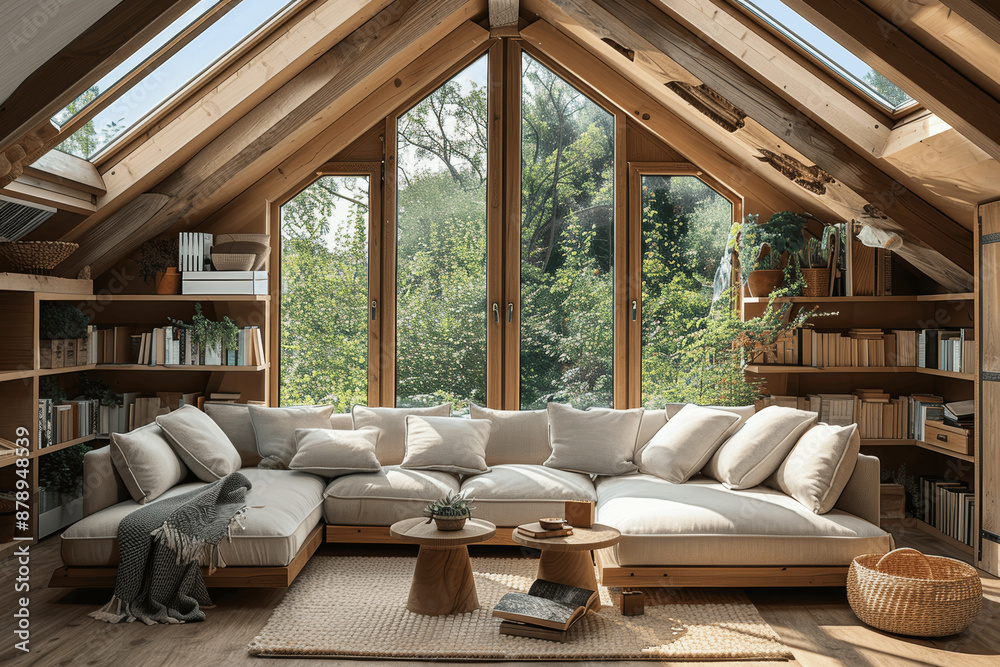 Cozy attic living room with large windows, skylights, wooden shelves