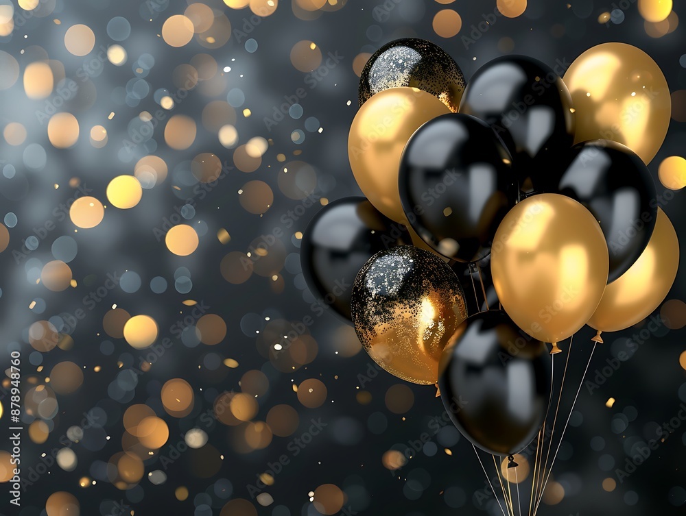 Party design featuring gold and black balloons on a dark background with bokeh lights. Party design featuring gold and black balloons on a dark background with bokeh lights.