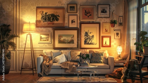 Cozy vintage living room with framed art and warm atmosphere