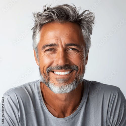 Closeup portrait of a middle aged man with grey hair and goatee smiling with perfect teeth, wearing casual t-shirt, isolated on white background for dental ad