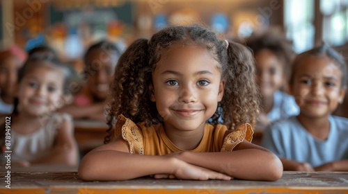 happy multiethnic elementary school children smiling and studying in classroom