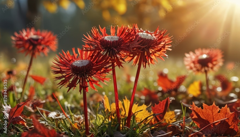 Obraz premium Red Flowers in Autumn Sunlight.