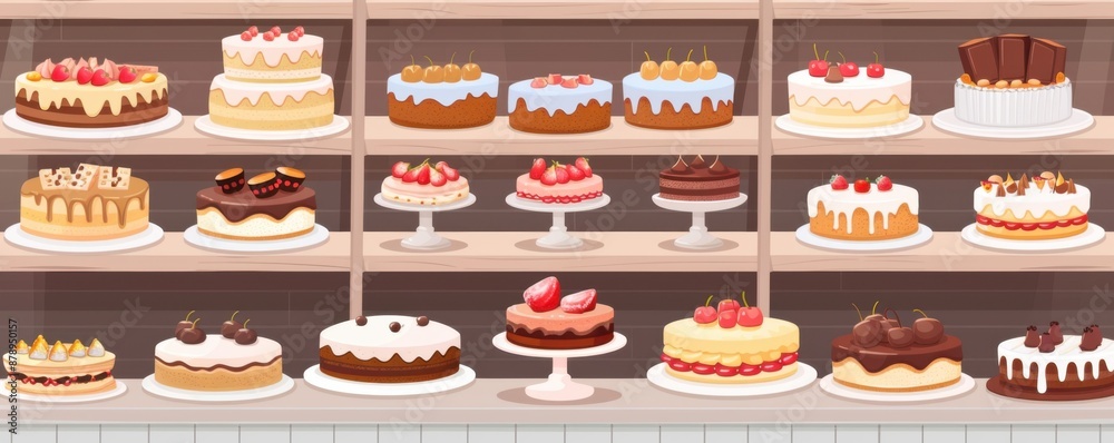 Vibrant Bakery Shop Display with Artistic Cakes and Pastries - Flat Design Illustration Vibrant Bakery Shop Display with Artistic Cakes and Pastries - Flat Design Illustration