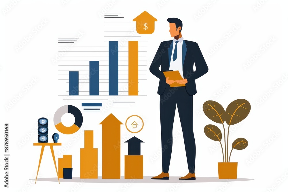 Illustration of a businessman holding a clipboard, analyzing financial growth charts and graphs, symbolizing data-driven decision making and business analysis. Illustration of a businessman holding a clipboard, analyzing financial growth charts and graphs, symbolizing data-driven decision making and business analysis.