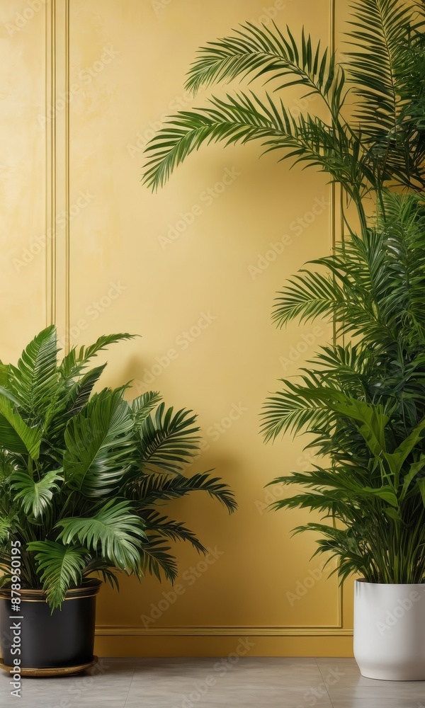 Obraz premium Two Potted Palm Plants in Front of a Yellow Wall.