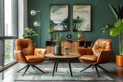 Modern Scandinavian dining room with brown leather armchairs, round table, green wall, painting, and cabinet photo