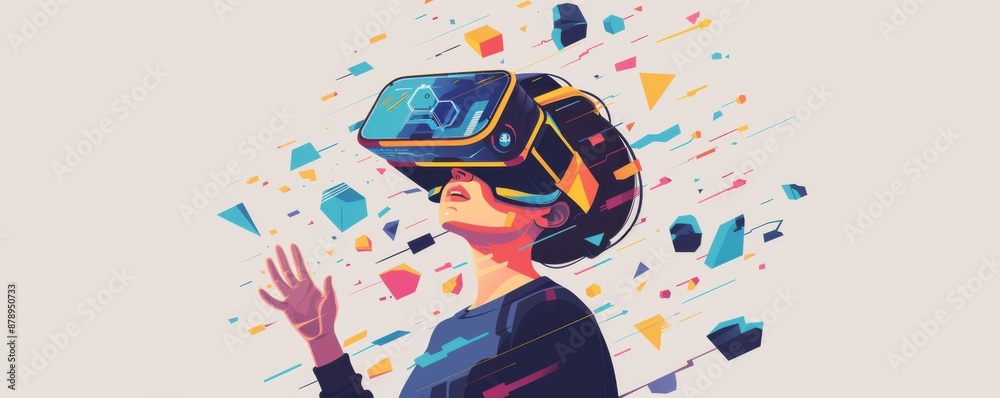 Fototapeta premium Digital Exploration: Person in VR Headset Navigating Virtual Reality World - Flat Design Illustration
