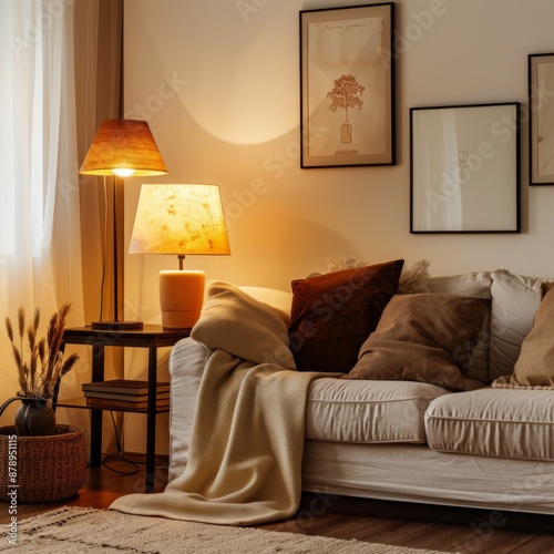 Warmlylit vintage living room with a cozy couch and framed art