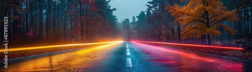 Autumn Road with Neon Lights