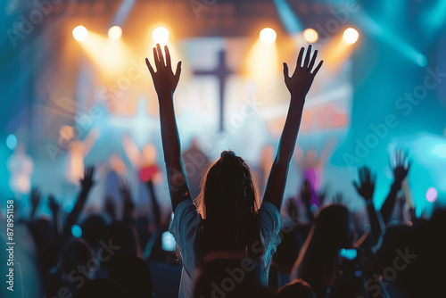 Christian worship service with people praising and praying to God in church on Sunday