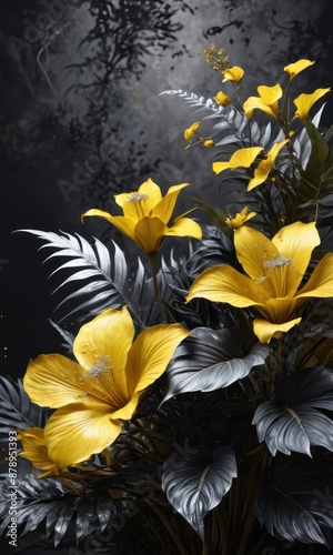 Yellow Flowers on Black Leaves photo