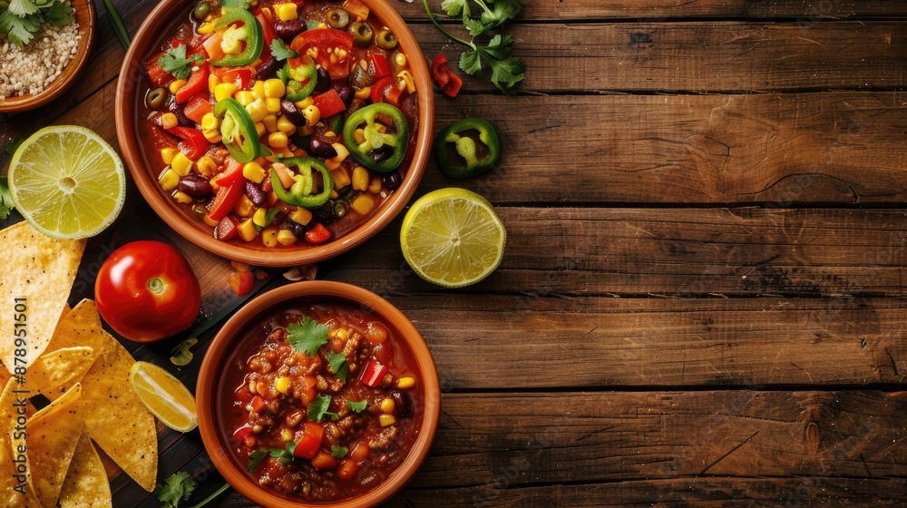Mexican toppings in clay dish with ingredients on wooden surface top view Mexican toppings in clay dish with ingredients on wooden surface top view