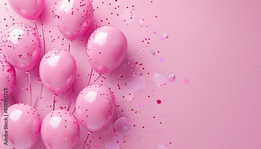Pink festive background with scattered balloons and confetti for a celebration or party, top view, with text space. Pink festive background with scattered balloons and confetti for a celebration or party, top view, with text space.